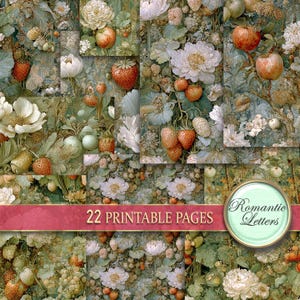 Fruits baies fleurs Scrapbooking numérique imprimable, paquet de papiers créatifs imprimables, journal botanique indésirable, découpage, pommes fraises