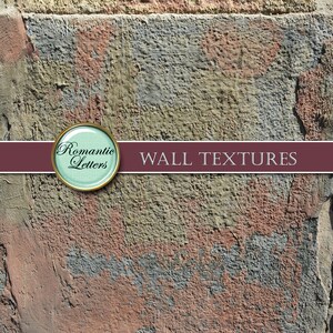 May include: A close-up of a textured wall with a variety of colors, including brown, gray, and red. The wall has a rough, uneven surface, and there are some cracks and chips in the paint. The text "WALL TEXTURES" is printed across the bottom of the image.