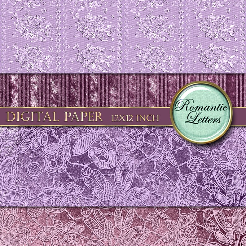 May include: Digital paper pack with three different patterns. The patterns are a purple floral design, a purple and white striped design, and a purple lace design. The paper is 12x12 inches.