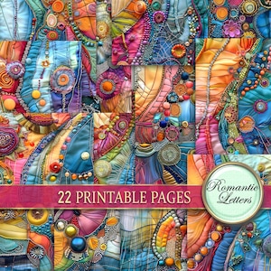 Pacote de papel para scrapbook digital para impressão, páginas de diário de retalhos hippies, boho, para artesanato, bordado, cores brilhantes, caprichoso