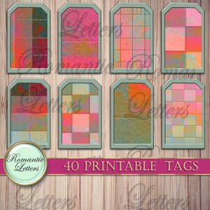 May include: Set of 8 printable tags with a patchwork design in shades of pink, orange, and green. The tags have a stitched border and are perfect for adding a handmade touch to gifts or crafts.