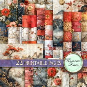 Digital printable scrapbook paper pack junk journal paper Patchwork silk fabric Japan pattern craft paper collage sheet Asian Oriental Print