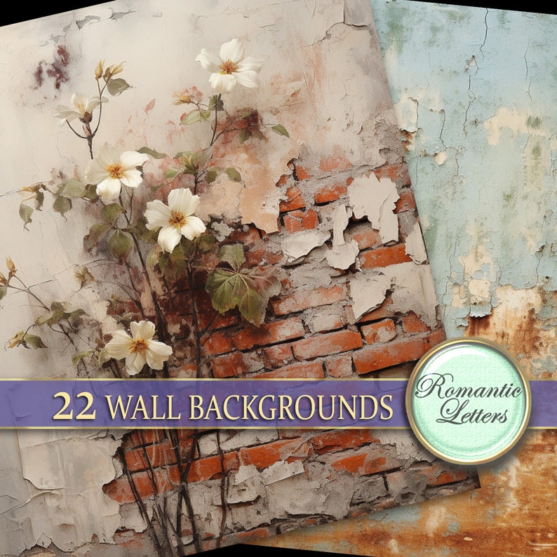 May include: A weathered brick wall with peeling paint and a vine of white flowers growing up the side. The wall is a light brown color with red brick accents. The flowers are white with green leaves. The text "22 WALL BACKGROUNDS" is printed on a purple ribbon across the bottom of the image. The text "Romantic Letters" is printed on a round, teal label.
