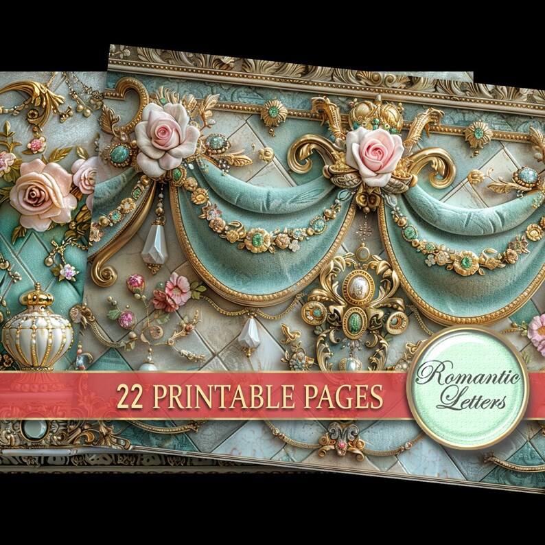 Puede incluir: Impresi&oacute;n de arte digital con un dise&ntilde;o decorativo con cortinas turquesas, adornos dorados y rosas rosas. El texto "22 PRINTABLE PAGES" se muestra en una pancarta roja, con "Romantic Letters" en un c&iacute;rculo verde.