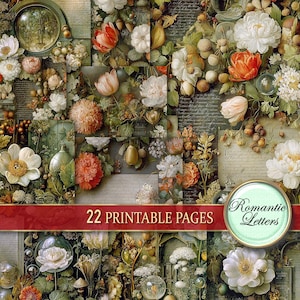 May include: A collage of vintage floral illustrations with a dark, textured background. The image features various flowers in shades of white, orange, and pink, along with botanical elements. Text on a red banner reads "22 PRINTABLE PAGES". A circular logo says "Romantic Letters".