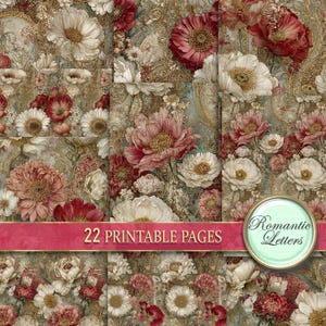 Digitales Junk Journal Seiten Papier Pack Shabby Chic Blumen Botanisches Papier Viktorianisches Blumenmuster Antik Rot Gold A4