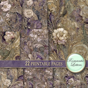 Könnte beinhalten: Eine Sammlung von 22 bedruckbaren Seiten mit einem Vintage-Blumendesign. Die Seiten zeigen ein sich wiederholendes Muster aus verzierten Blumen und Blättern in Lila-, Gold- und Cremetönen. Die Worte "22 PRINTABLE PAGES" sind auf einem lila Banner zu sehen.