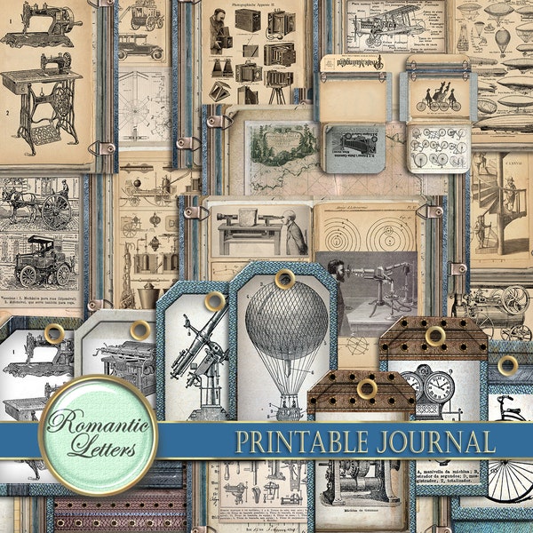 Printable Junk journal kit Steampunk Science digital scrapbooking printable journal old craft paper A4  8.5x11 journal page tags cards PART2