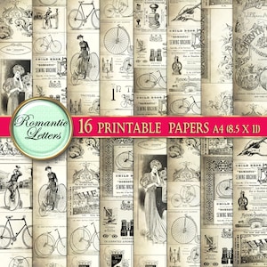 May include: A collage of 16 printable papers featuring vintage illustrations of bicycles, tricycles, and other Victorian era imagery. The papers are in black and white and have a distressed, aged look. The papers are perfect for scrapbooking, card making, and other paper crafts.