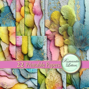 Op de afbeelding: Een collectie van 22 printbare papieren met getextureerde, gelaagde abstracte ontwerpen in tinten blauw, groen, geel en roze met gouden accenten. Een roze banner toont de tekst 22 Printable Papers en Romantic Letters.