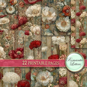 Digitales Junk Journal Papier Pack Shabby Chic Blumen Botanisches Papier Pack Viktorianische Blumen Antik Rot Gold