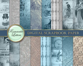 Puede incluir: Un paquete de papel digital para scrapbooking con 12 diseños diferentes. Los papeles presentan una estética vintage con colores azules y beige. Algunos de los diseños incluyen patrones de encaje, patrones florales e imágenes de bicicletas.