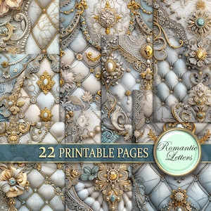 Digitales Scrapbook Papier Set Shabby Chic Hochzeitsalbum luxus druckbares Handwerkspapier Viktorianische Stickerei getufteter Seide gold A4