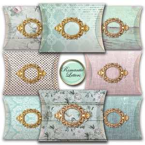 May include: Set of eight pillow boxes with a vintage, romantic theme. Each box features a different patterned background with a gold ornate frame. The boxes are perfect for packaging small gifts or favors.