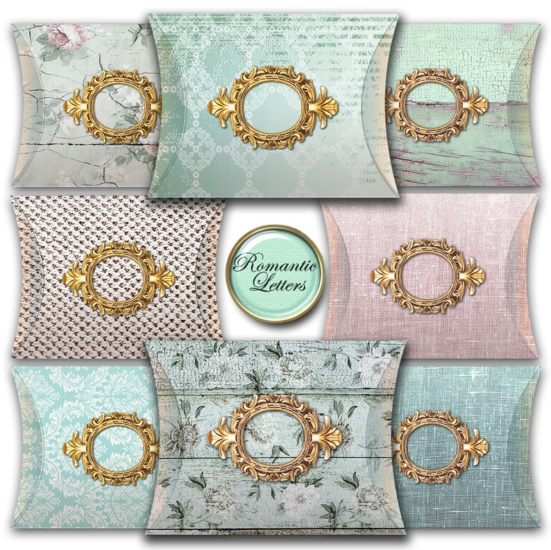 May include: Set of eight pillow boxes with a vintage, romantic theme. Each box features a different patterned background with a gold ornate frame. The boxes are perfect for packaging small gifts or favors.