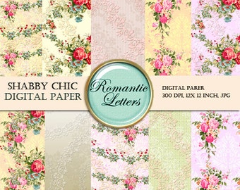 Shabby Chic  digital paper pack Digital Scrapbooking floral background paper digital backdrop Shabby Chic rose digital floral paper pack