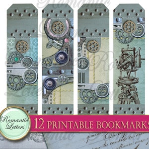 Puede incluir: Doce marcadores imprimibles con un dise&ntilde;o steampunk con engranajes, metal y una br&uacute;jula. Los marcadores est&aacute;n en tonos de azul, gris y marr&oacute;n.