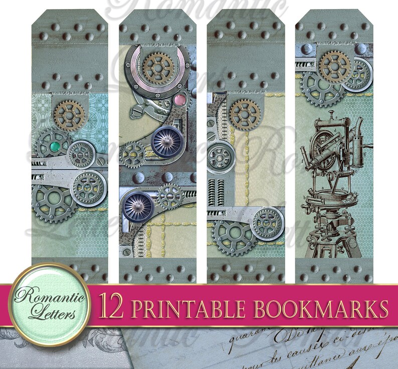 Puede incluir: Doce marcadores imprimibles con un dise&ntilde;o steampunk con engranajes, metal y una br&uacute;jula. Los marcadores est&aacute;n en tonos de azul, gris y marr&oacute;n.