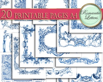 Digital printable wedding scrapbook background paper digital printable paper pack junk journal pages paper vintage frames craft paper  A4