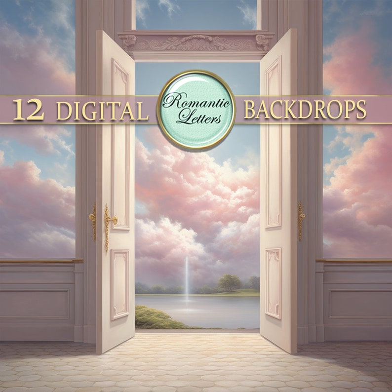 May include: A digital backdrop featuring a pair of white doors opening to reveal a view of a lake with a fountain and a cloudy sky. The doors are set in a room with white walls and a tiled floor. The text "12 DIGITAL BACKDROPS" is at the top of the image.