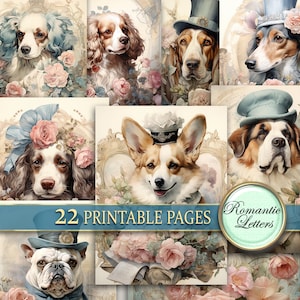 Digital Scrapbook Paper Pack junk journal pages Shabby Chic rose flowers vintage printable decoupage paper dog portrait Victorian watercolor