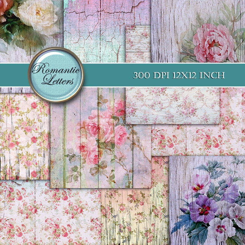 Digital Scrapbook Paper Pack ROSE Floral Shabby Chic Digital Backdrop ...