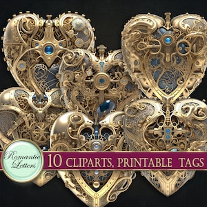 May include: Ten gold-colored, intricate, heart-shaped, steampunk-style clip art images with blue accents. The text "10 CLPARTS, PRINTABLE TAGS" is at the bottom of the image.