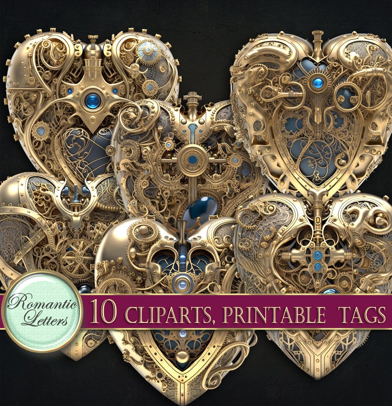 May include: Ten gold-colored, intricate, heart-shaped, steampunk-style clip art images with blue accents. The text "10 CLPARTS, PRINTABLE TAGS" is at the bottom of the image.
