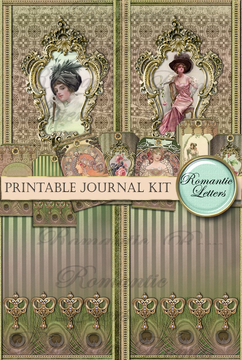 Pode incluir: Kit de di&aacute;rio imprim&iacute;vel com uma est&eacute;tica vintage. O kit inclui elementos decorativos com imagens de mulheres em molduras ornamentadas, padr&otilde;es florais e penas de pav&atilde;o. O texto "Cartas rom&acirc;nticas" aparece em um c&iacute;rculo verde.