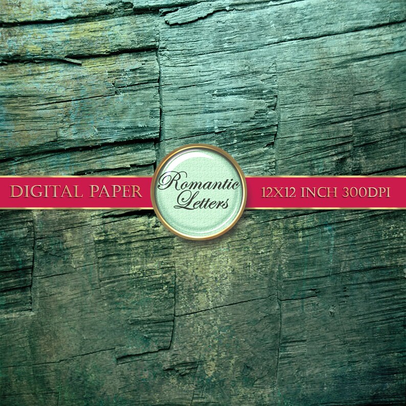May include: A digital paper background with a green wood grain texture. The text "DIGITAL PAPER" and "Romantic Letters" is displayed on a red ribbon across the top of the image. The image is 12x12 inches and 300 DPI.