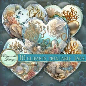 Imágenes prediseñadas bajo el agua, etiquetas imprimibles digitales, etiquetas para diario basura, etiquetas para álbumes de recortes digitales, conchas marinas de playa de coral, clipart del océano, vida marina, corazón PNG