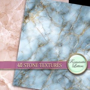 May include: A digital collage of 40 different stone textures. The textures are a mix of light and dark colors, with a variety of patterns. The text "40 Stone Textures" is displayed in a pink banner across the bottom of the image. The text "Romantic Letters" is displayed in a circle with a green background.