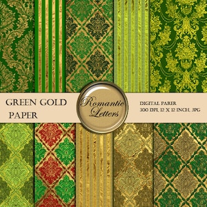 Pacchetto di carta digitale Damasco Texture oro Carta da parati digitale oro verde Carta da parati damascata oro digitale Sfondo vintage Carta da scrapbooking oro