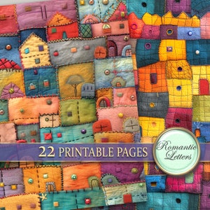 May include: A digital paper pack with 22 printable pages featuring a patchwork quilt design with colorful squares and circles. The text "Romantic Letters" is on a circle in the lower right corner.