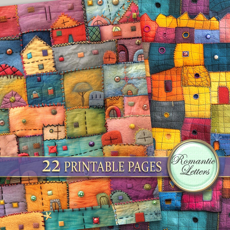 May include: A digital paper pack with 22 printable pages featuring a patchwork quilt design with colorful squares and circles. The text "Romantic Letters" is on a circle in the lower right corner.