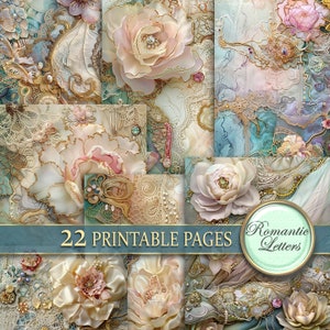 Ausdruckbare digitale Junk Journal Seiten Hochzeit Scrapbook Papier Pack Shabby Chic Blumen Decoupage Collage Spitze Pastell Seidenstickerei A4