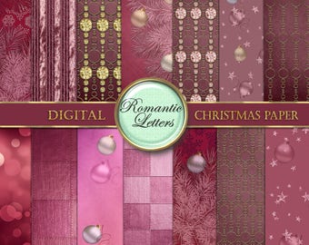 May include: Set of 10 digital papers featuring a burgundy and gold colour scheme with various Christmas-themed patterns, including ornaments, snowflakes, and pine branches. The text "Romantic Letters" is displayed in a circle.