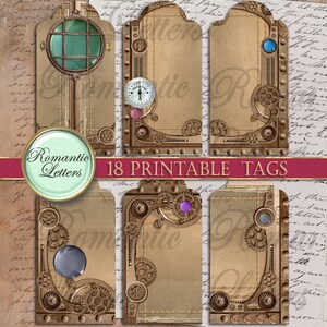 May include: Set of 18 printable tags featuring a steampunk design with gears, cogs, and brass accents. The tags have a brown paper background with a distressed look and are perfect for adding a unique touch to gifts, favors, or crafts.
