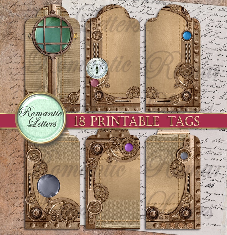May include: Set of 18 printable tags featuring a steampunk design with gears, cogs, and brass accents. The tags have a brown paper background with a distressed look and are perfect for adding a unique touch to gifts, favors, or crafts.