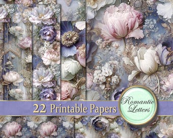 Enchanted Flowers scrapbook paper pack, junk journal, floral seamless patterns, pastel Pink Purple (digital printable)