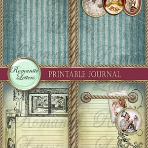 Pu&ograve; includere: Pagine di diario stampabili con un'estetica vintage. Le pagine presentano un motivo a righe blu e bianche, un bordo in corda e illustrazioni di persone e oggetti. Il testo "Romantic Letters" e "Printable Journal" &egrave; visibile sulle pagine.