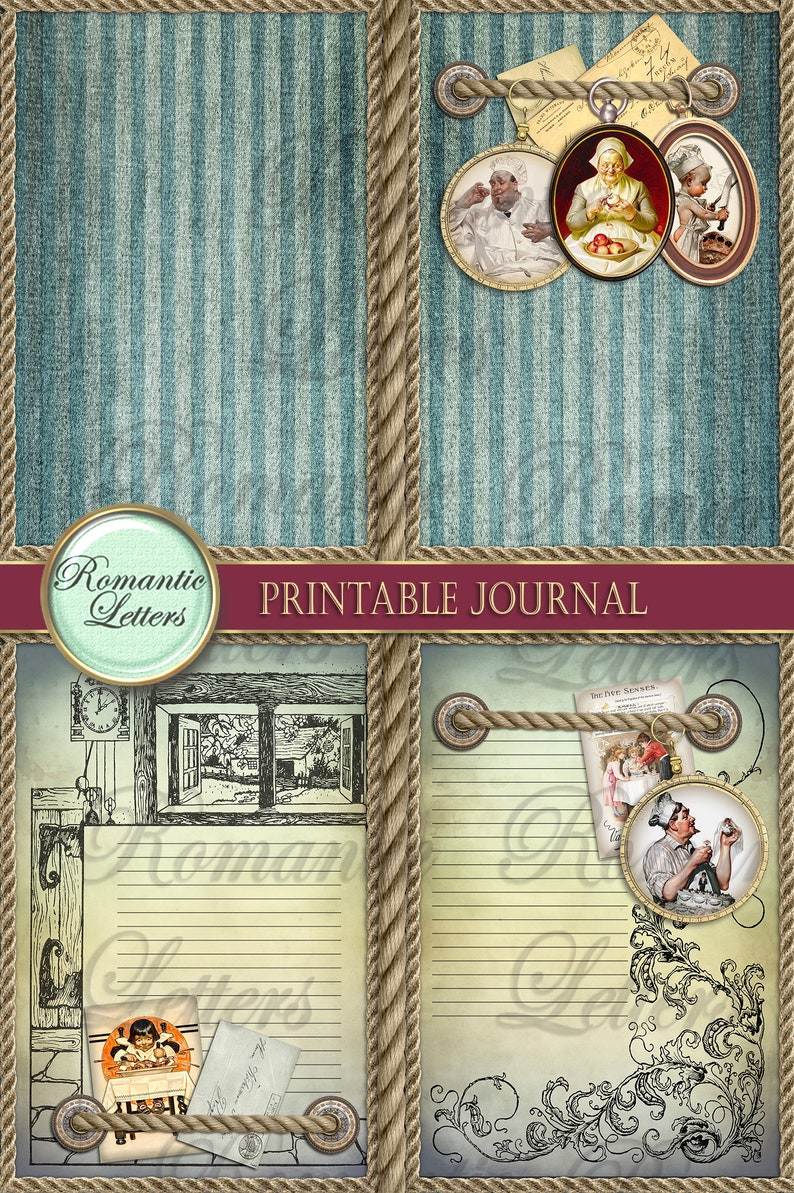 Pu&ograve; includere: Pagine di diario stampabili con un'estetica vintage. Le pagine presentano un motivo a righe blu e bianche, un bordo in corda e illustrazioni di persone e oggetti. Il testo "Romantic Letters" e "Printable Journal" &egrave; visibile sulle pagine.