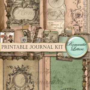 May include: Printable journal kit with vintage-inspired designs. The kit includes a variety of papers, tags, and embellishments in shades of pink, green, and brown. The kit also includes a title card that says "Romantic Letters".