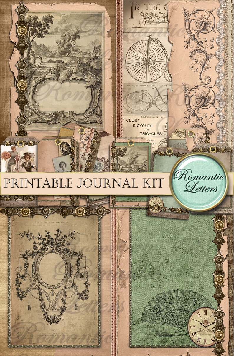 May include: Printable journal kit with vintage-inspired designs. The kit includes a variety of papers, tags, and embellishments in shades of pink, green, and brown. The kit also includes a title card that says "Romantic Letters".