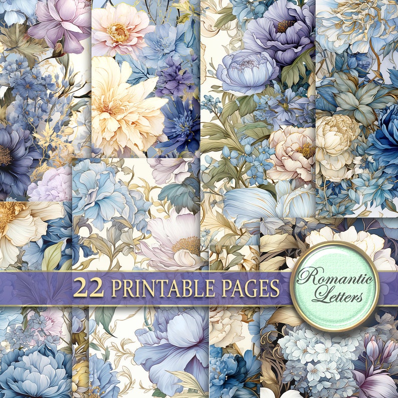 Shabby Chic Floral Digital Paper Pack, Botanical Junk Journal ...