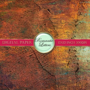 May include: Digital paper with a distressed, textured background in shades of brown, orange, and yellow. The paper has a crack running down the center. A gold circle with a green center contains the text "Romantic Letters" and the words "DIGITAL PAPER" and "12X12 INCH 300DPI" are printed in white on a red ribbon.