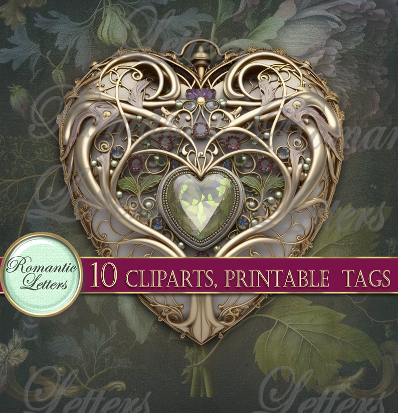 May include: A gold heart-shaped locket with intricate filigree details and a large green gemstone in the center. The locket is surrounded by a floral design with small pearls and gemstones.