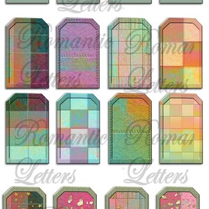 May include: Forty printable gift tags with a patchwork design. The tags feature a variety of colors and patterns, including red, pink, green, blue, and yellow. The tags are decorated with gold stars and hearts. The text "Romantic Letters" appears on the tags.
