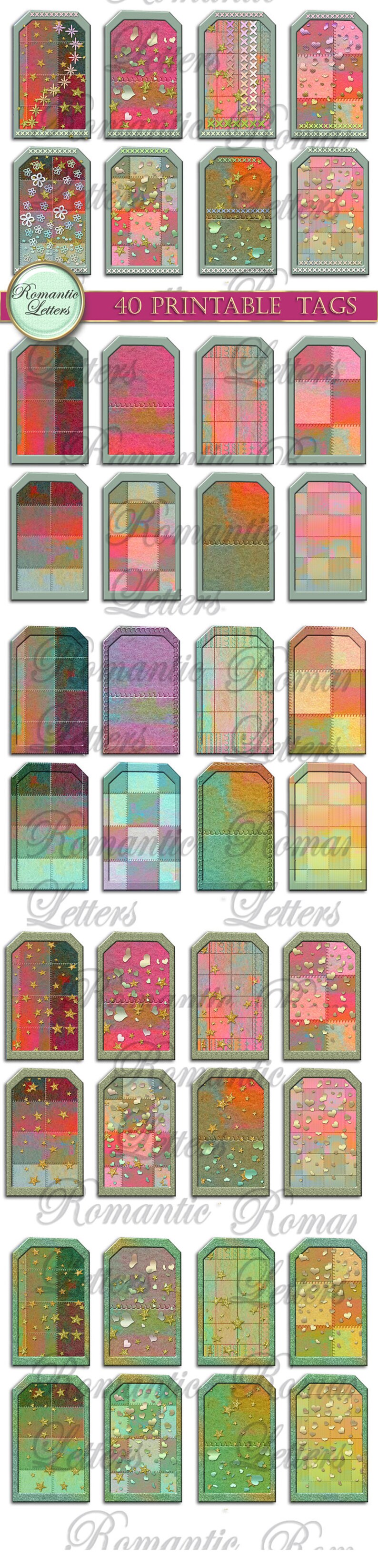 May include: Forty printable gift tags with a patchwork design. The tags feature a variety of colors and patterns, including red, pink, green, blue, and yellow. The tags are decorated with gold stars and hearts. The text "Romantic Letters" appears on the tags.