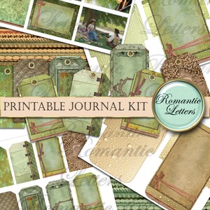 May include: A printable journal kit featuring a collage of vintage ephemera. The design includes tags, frames, and decorative elements in shades of green, brown, and cream. The text "Printable Journal Kit" is visible.